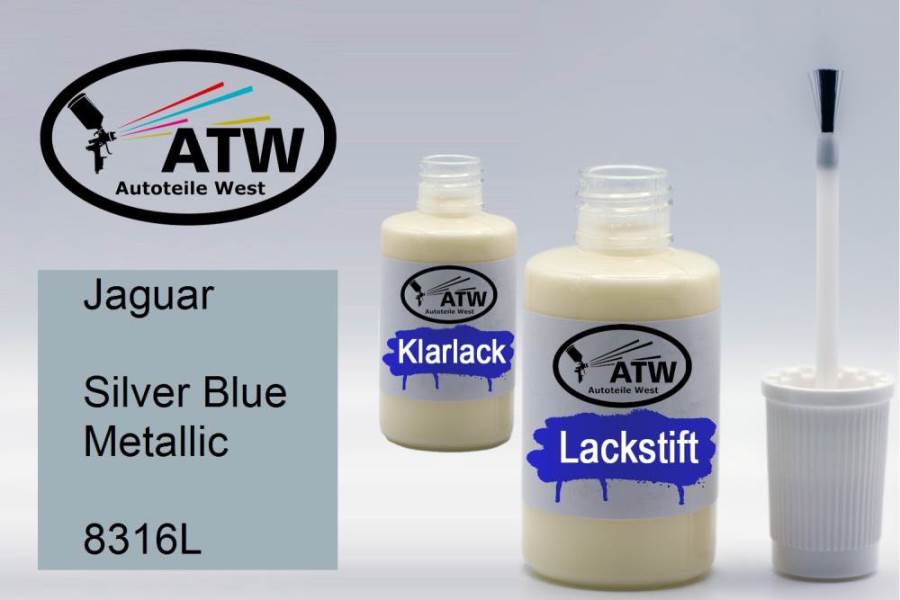 Jaguar, Silver Blue Metallic, 8316L: 20ml Lackstift + 20ml Klarlack - Set, von ATW Autoteile West.